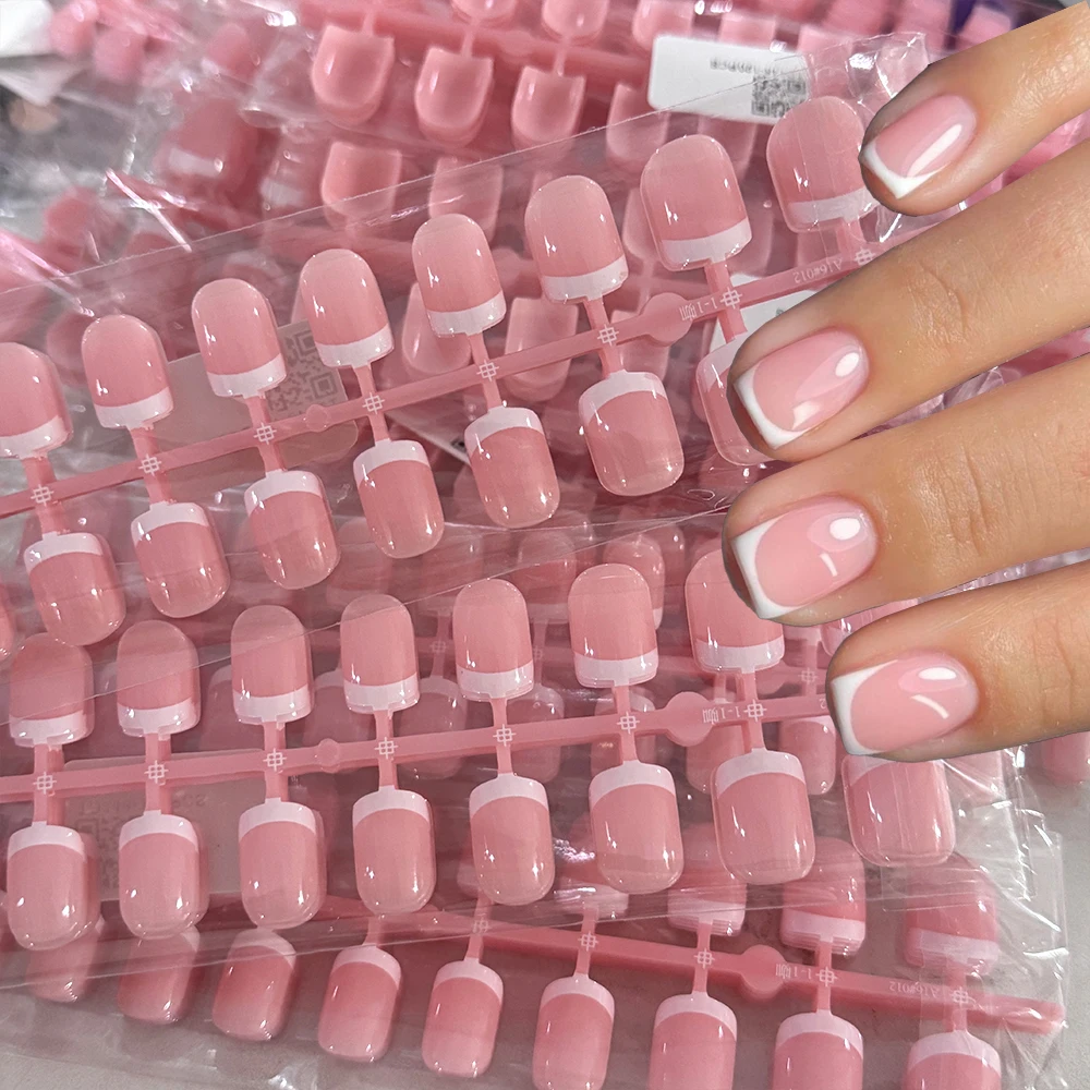 120 pièces rose court carré blanc français faux ongles 24*5 bandes couverture complète acrylique presse sur ongles Simple français portable faux ongles