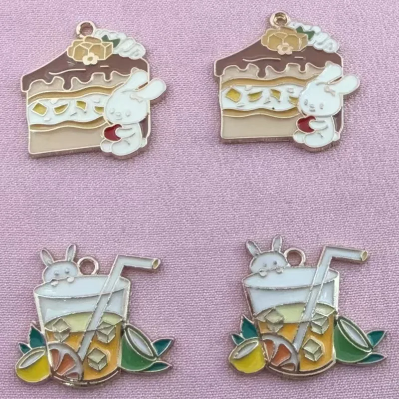 10pcs Cute Cartoon DIY Alloy Accessories Cake Snack Beverage Dog Rabbit Necklace Pendant Keychain Pendant