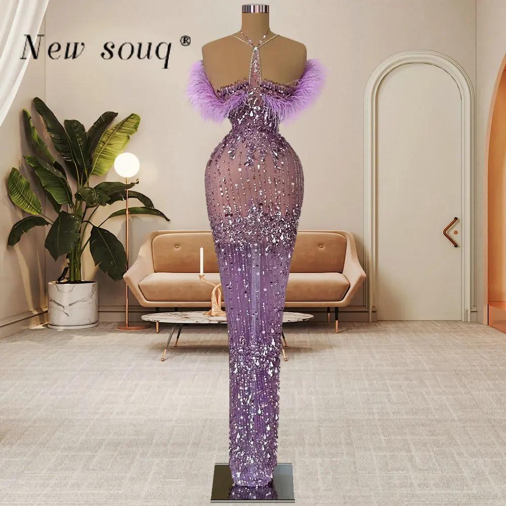 Feathers Purple Long Sleeveless Sequins Evening Dresses Features with Crystals Beaded Stones Lovely Dinner Gowns for Weddings