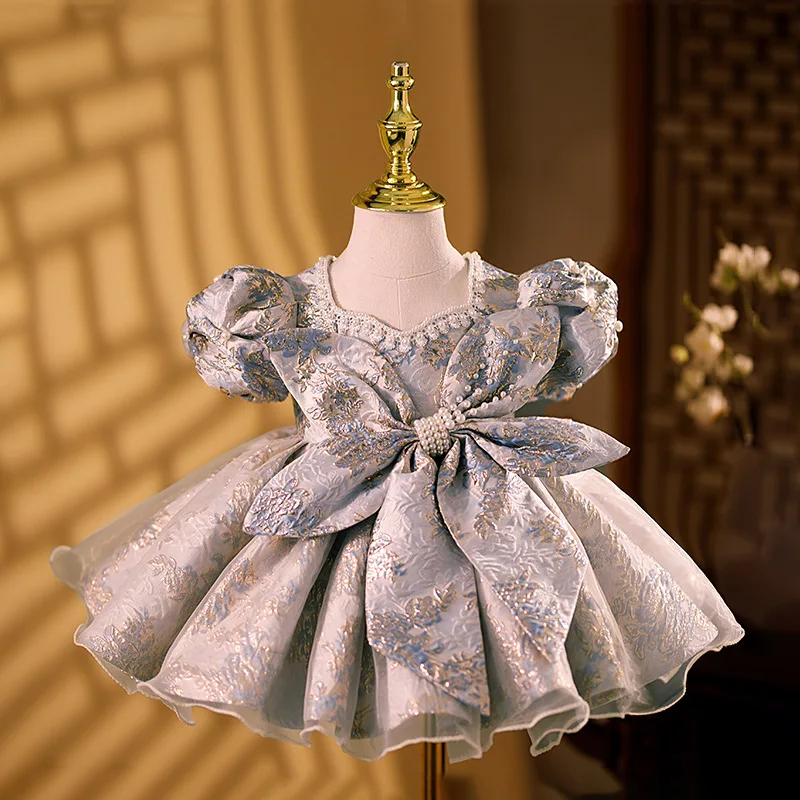 

Light Blue Jacquard Kids' Formal Dress with Puff Sleeves, Pearl Bow & Princess - style Puffy Skirt for Birthday Party & Performa