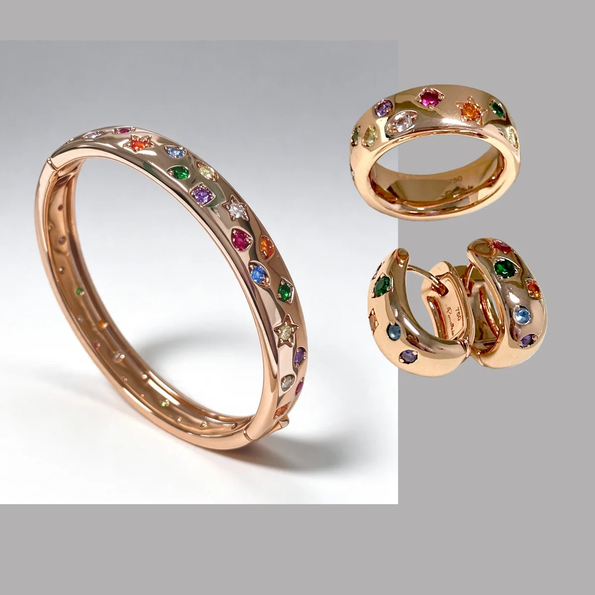 Luxury Rainbow Multicolor CZ Jewelry Set for Women, Rose Gold Star Inlaid Bangle, Wide Band Ring & Hoop Earrings, Elegant Party