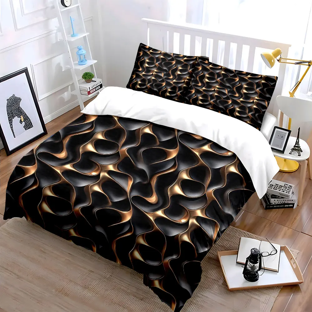 Black and Gold Fluid Texture Print Bedding Set 1 Duvet Cover 2 Pillowcases for Adult and Children Luxury Gift Full Size