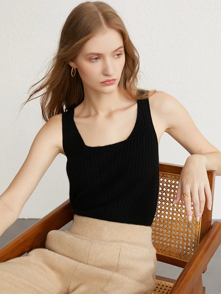 New Women Ribbed Tanks 100% Baby Cashmere Elastic Tank Top Cami Square Neck Knit Camis Feminine All-Match Camisole