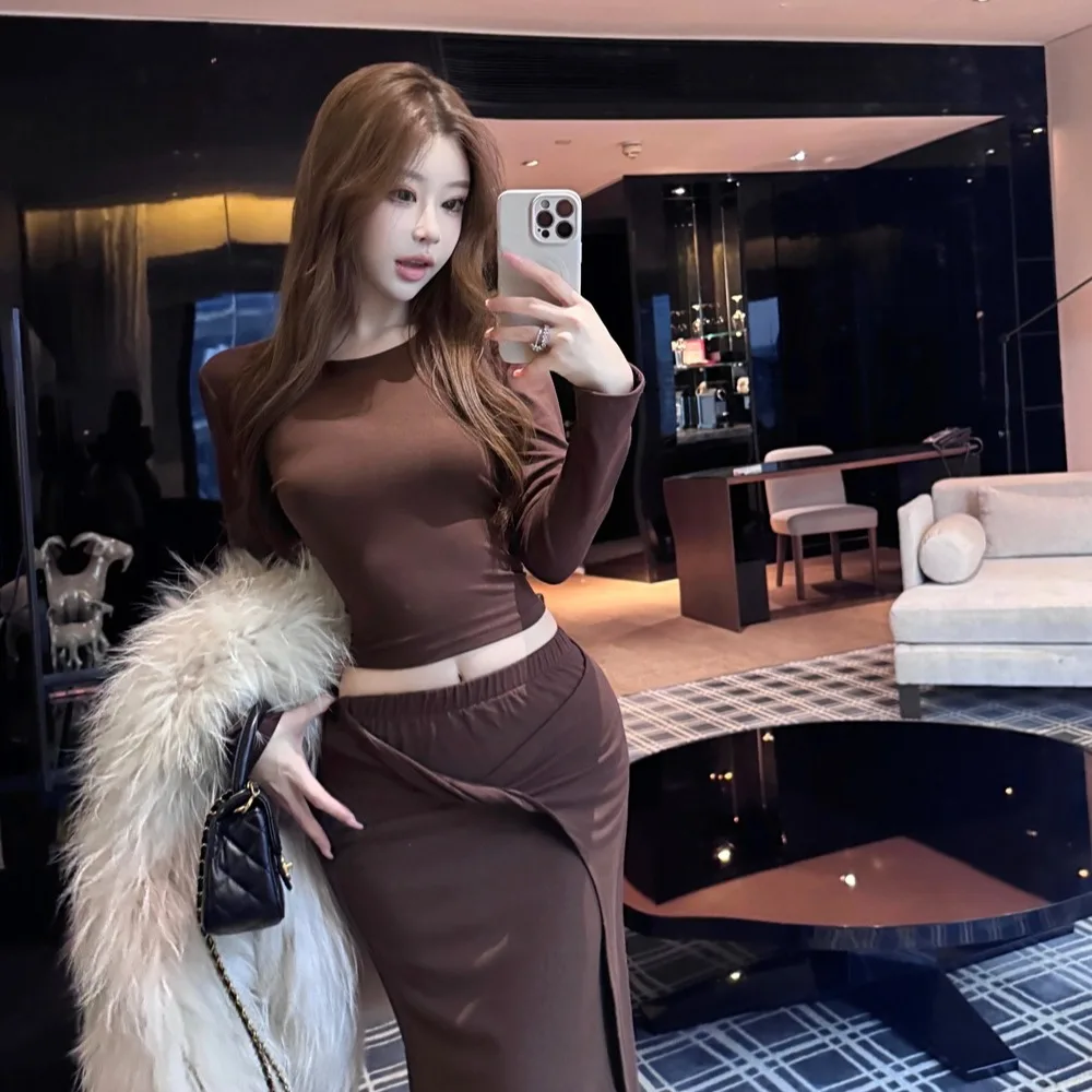 Set Dua Potong Rok Pinggang Tinggi Model Simpul Ele Long Sve T-irt Korea untuk Wanita, Mode Musim Gugur Musim Dingin Terbaru