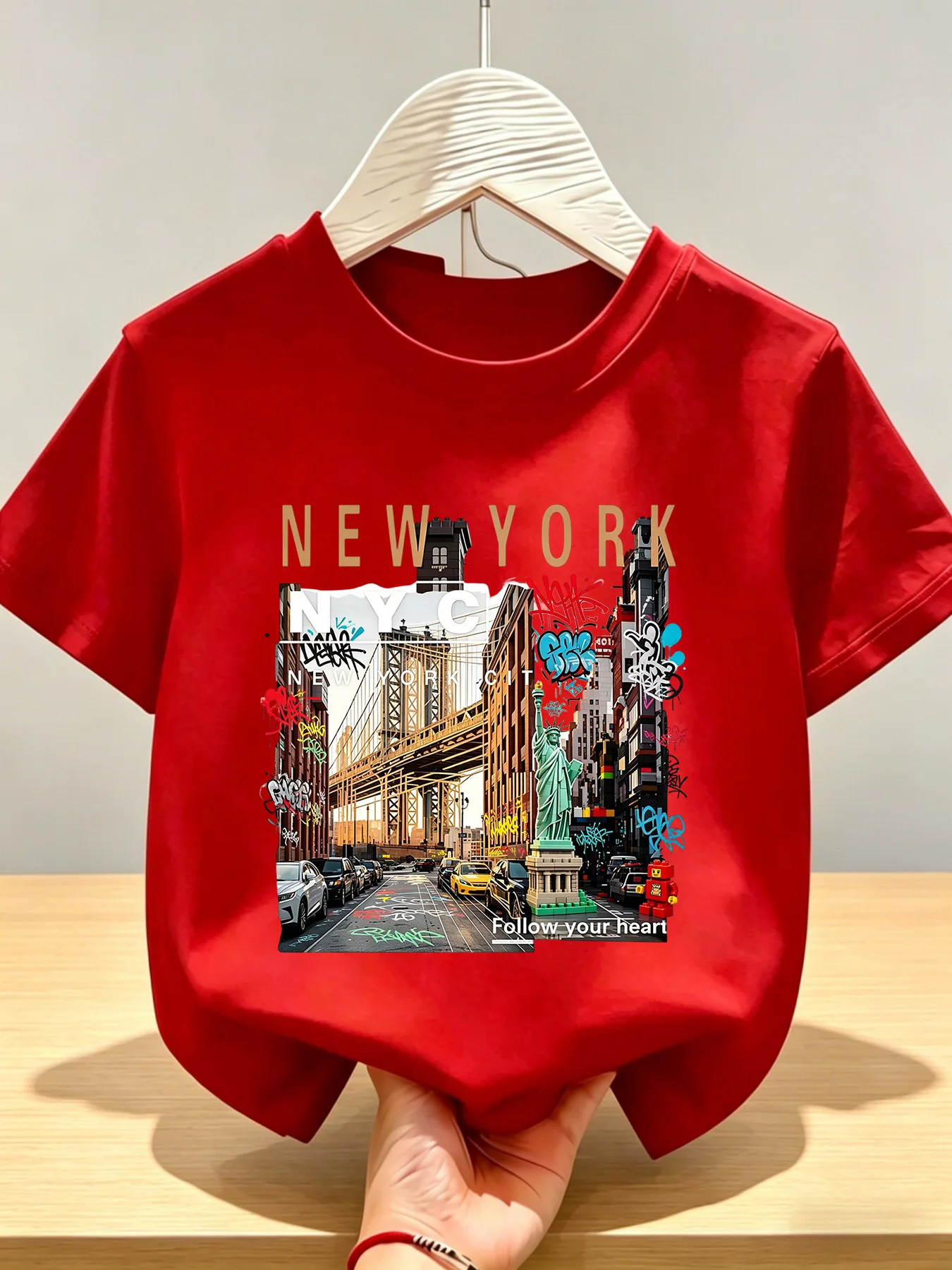 New York City Building Blocks Graffiti Printing Children's T-shirt Trendy Brand Children's Top Soft Parent Child Clothing