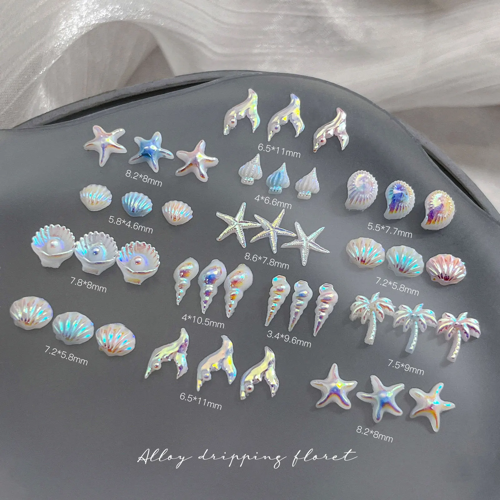 50PCS Mix Iridescent Ocean Series Nail Charms 3D Resin Starfish Shell Conch Mermaid Tail Decoration for Dreamy Ethereal Manicure