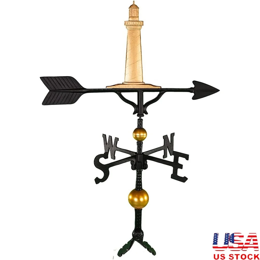 

32-дюймовый роскошный флюгер, золотой маяк, орнамент, регулируемое основание сцепления, переработанный алюминиевый декор для морской крыши, сделано в США