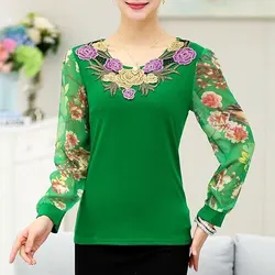 Mode Vintage Blumen stickerei Bluse Folk Langarm lässig gedruckt Frühling Herbst neue gespleißte Damen bekleidung O-Neck Shirt