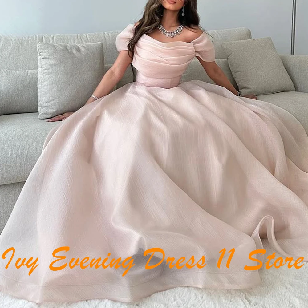 Customized Classic Square Neck Off the Shoulder Pleats Evening Dress Temperament A-Line Short Sleeves Organza Party Gown