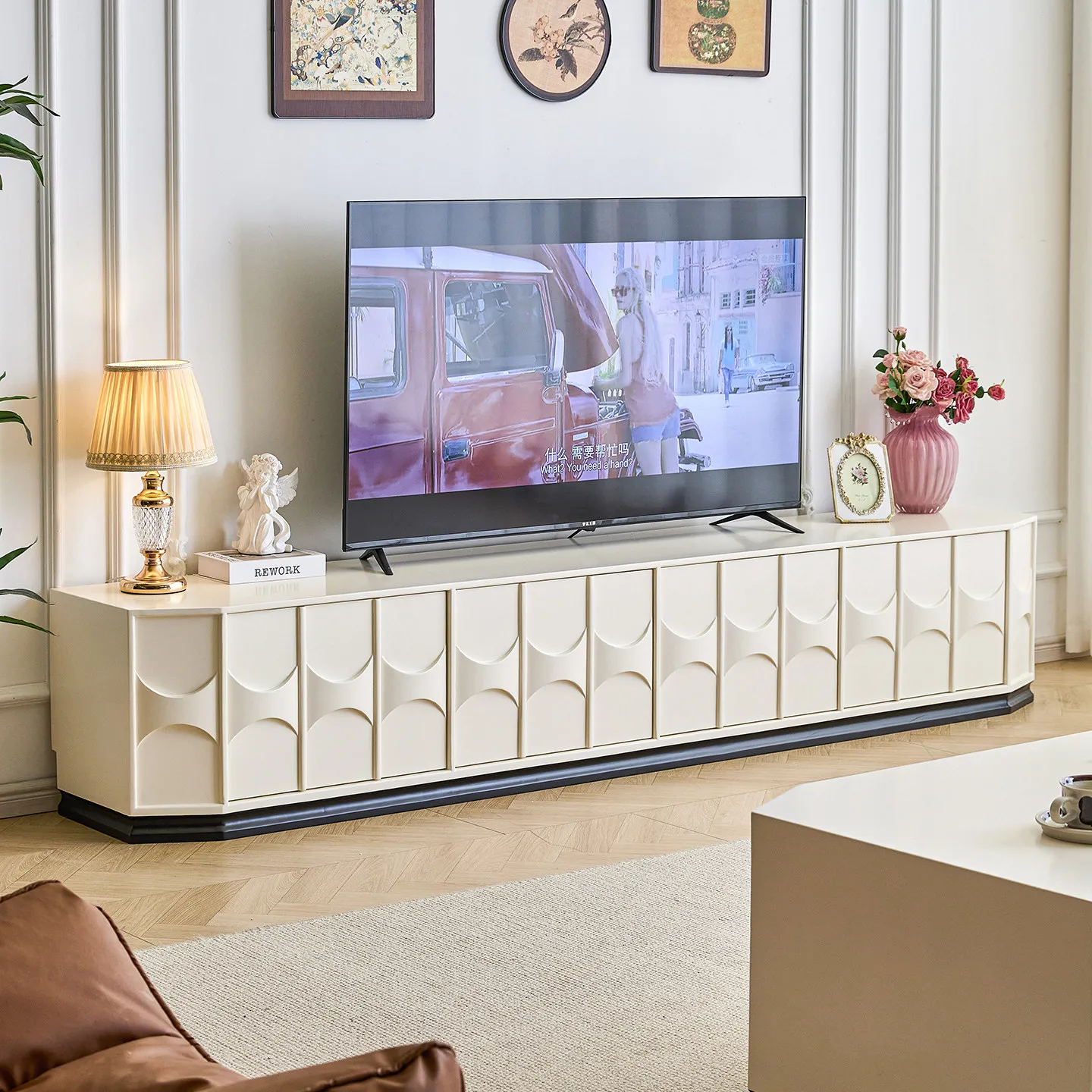 YJQ solid wood TV cabinet living room home French retro light luxury high sense white TV cabinet