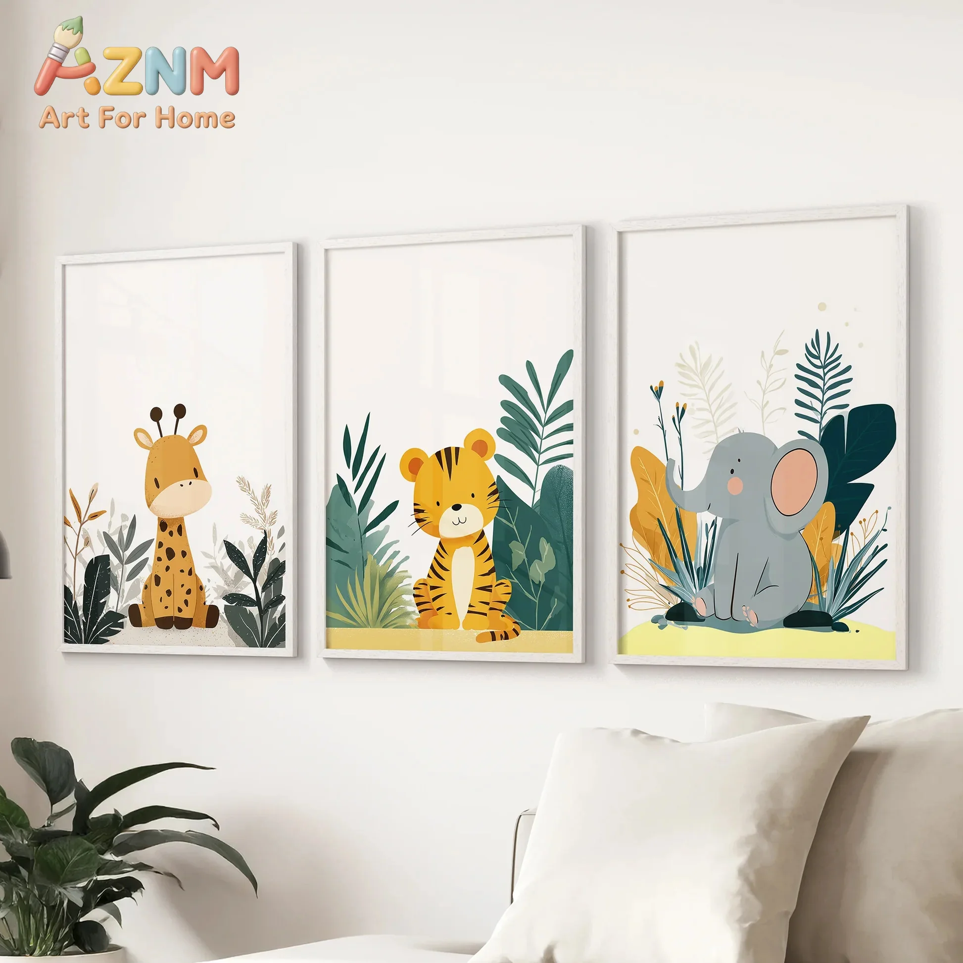 AZNM Jungle Animal Canvas Wall Art Giraffe Tiger Elephant Tropical Plant Frameless Canvas Painting Nursery Kids Room Home Decor