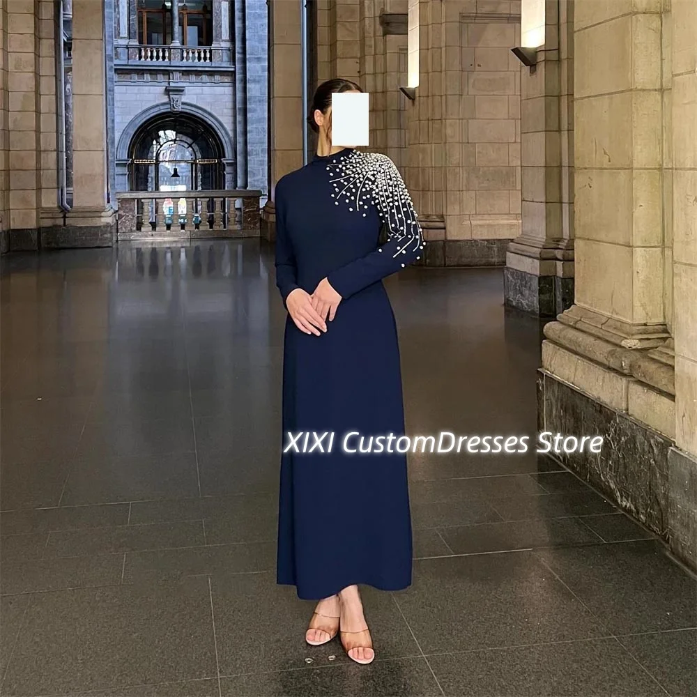 Customized Dubai Luxury فساتين سهرة Scoop Neckline Ankle-Length Beadings Formal Occasion Dresses Zipper Up Long Sleeves Prom Dre