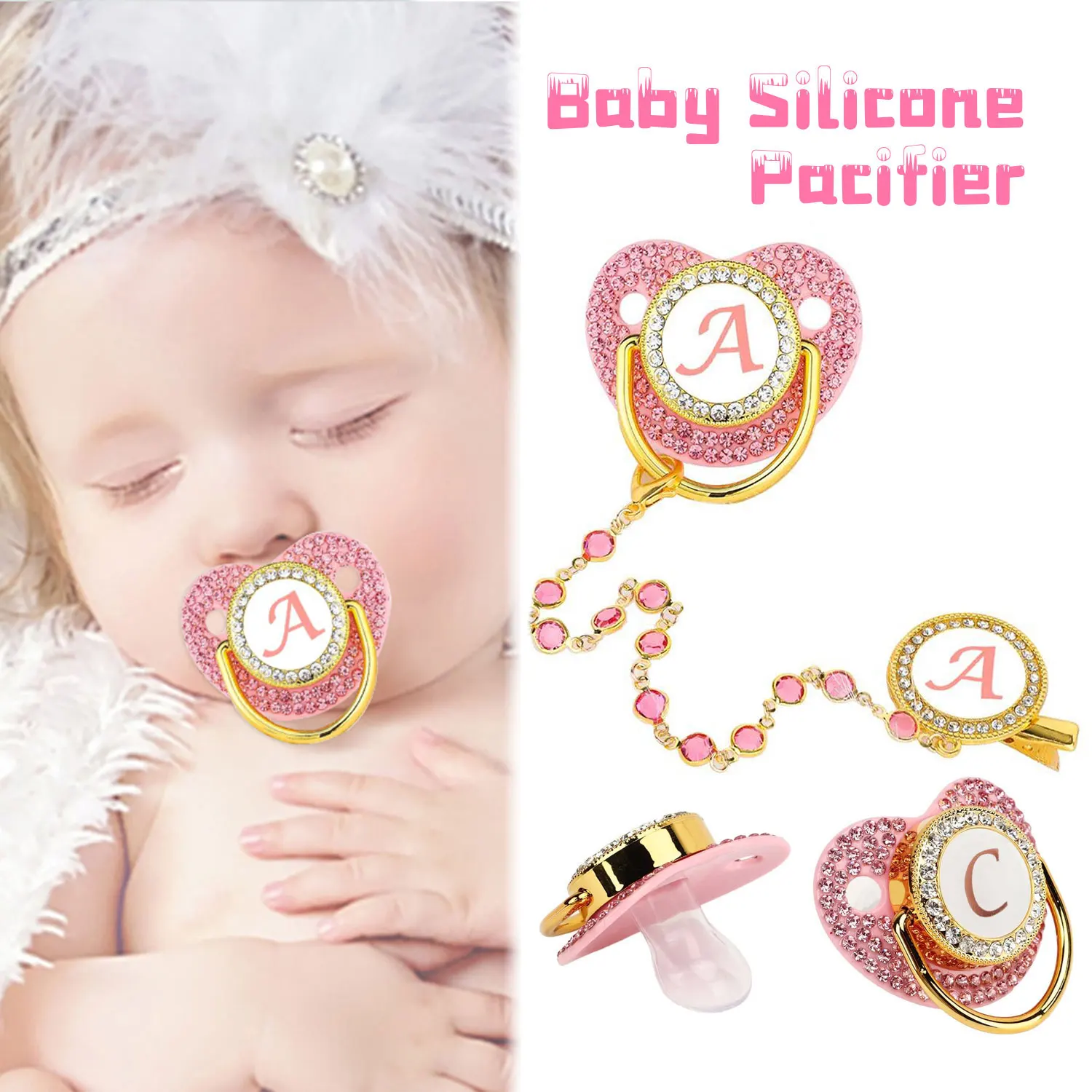 26 Letter Silicone Pacifier Gemstone Pacifier Chain Soft Anti-bite Soothing Sleeping Safe and Durable Soft Easy Sucking