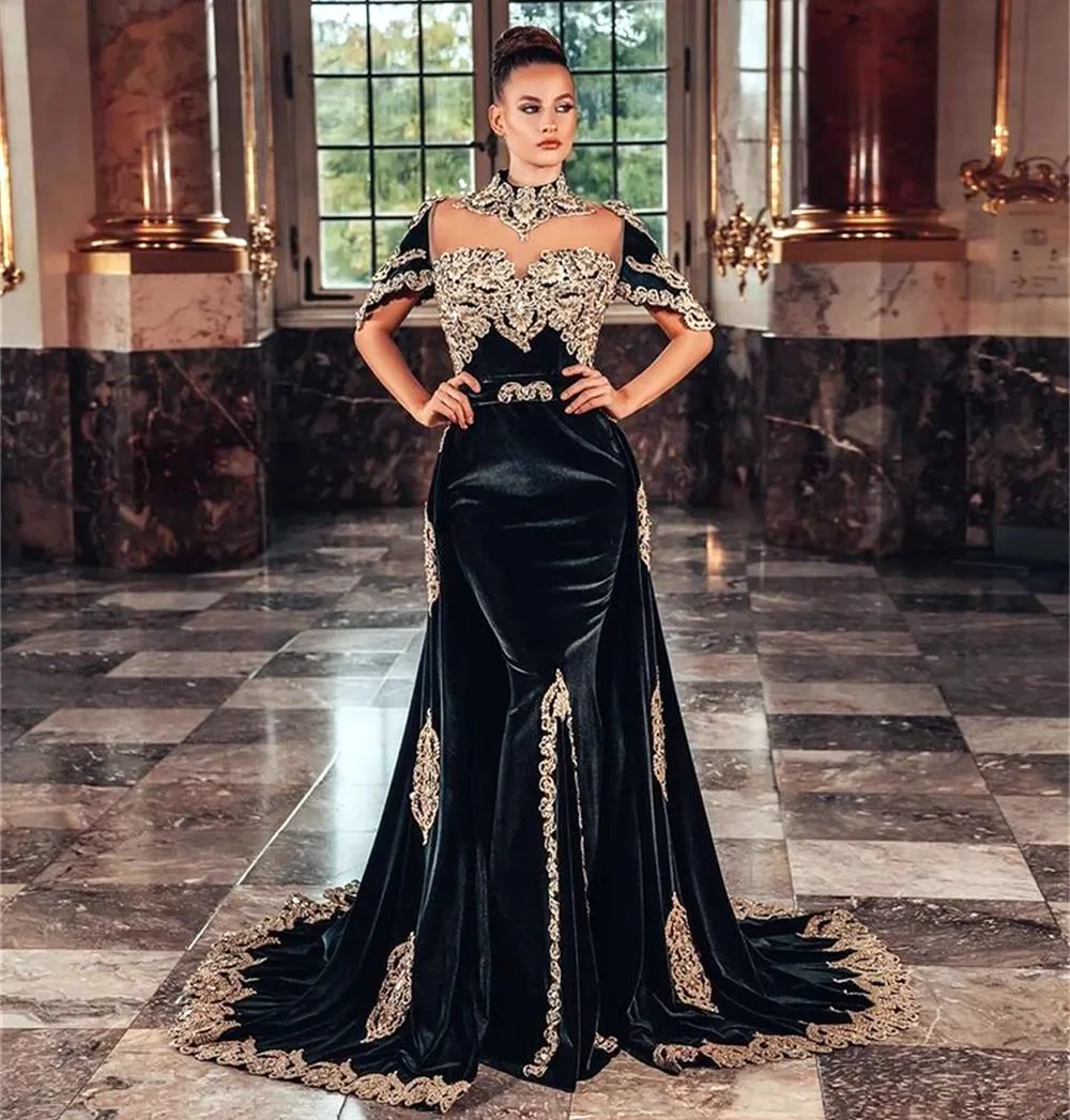 

2023 Elegant Mermaid Evening Dresses Formal With Detachable Overskirt High Neck Gold Lace Long Dubai Moroccan Caftan Prom Dress