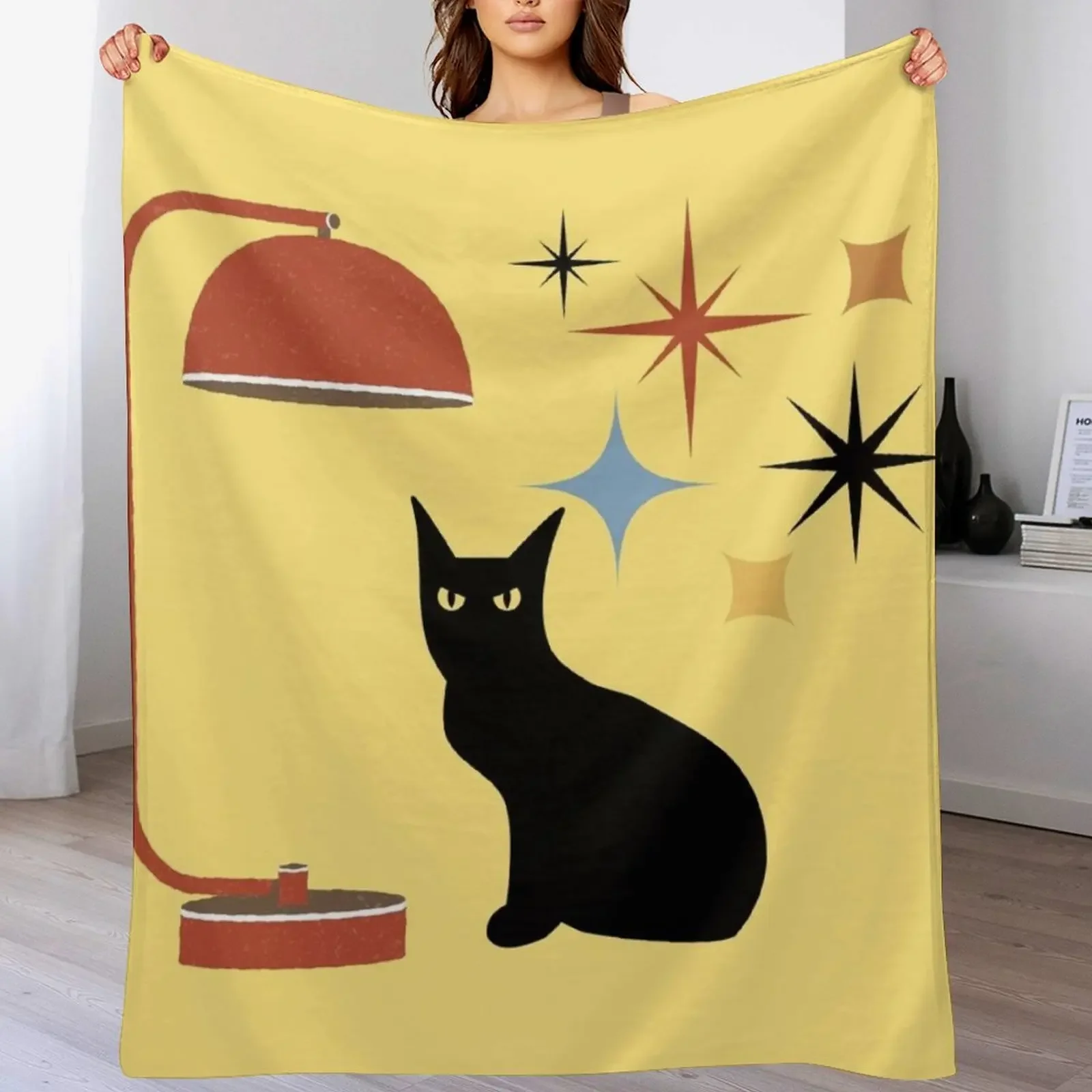 Retro Mid Century Atomic Black Cat, Mid century cat,retro atomic cats, Throw Blanket Heavy Bed Shaggy Blankets