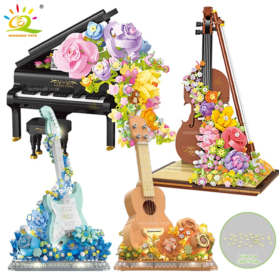 

Romantic Flower Piano Violin Guitar Mirco Building Blocks Ideas Bouquet Musical Instruments Model Mini Bricks Toys for Children