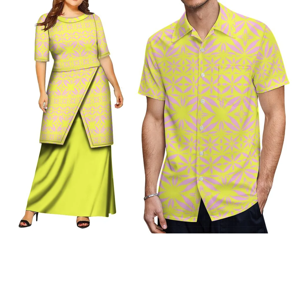 Wzór w stylu hawajskim Polinezyjska letnia impreza Personalizowane stroje dla par Luźna sukienka damska Pletasi Koszula męska z kieszeniami