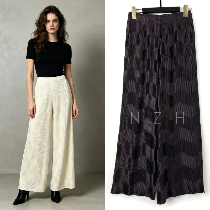 Miyake Water Ripple Pleated Wide-Leg Pants Plisse Women Casual Versatile 2026 Autumn New High-Waisted Loose Plus Size Long Pants