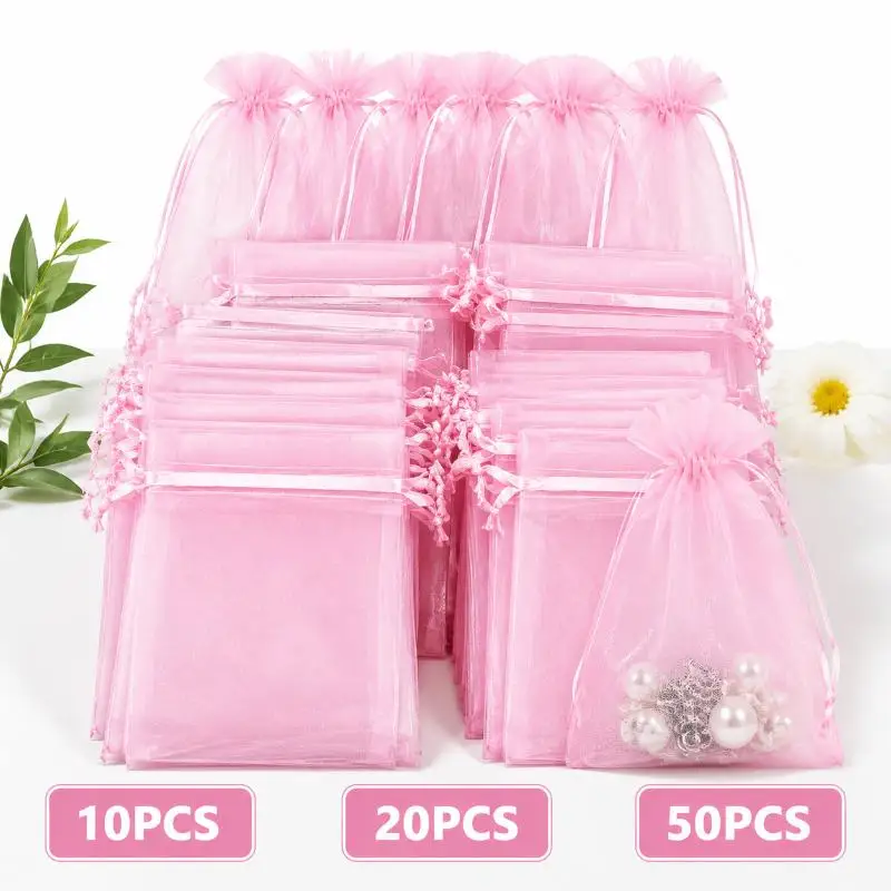 10/20/50pcs Fairy Organza Jewelry Packaging Bags Gift Pink Storage Wedding Drawstring Mesh Pouches Multi Size Set