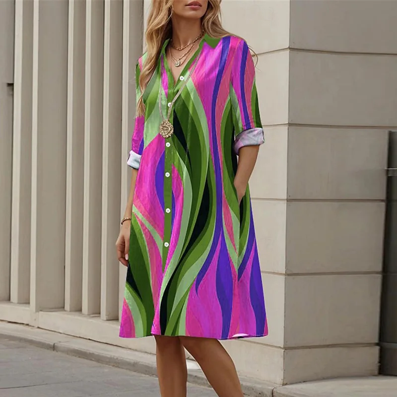 Vintage Printed Shirt Dress Women Casual Loose Straight Midi Dresses Plus Size Women Elegant Coforful Beach Party Dress 2024