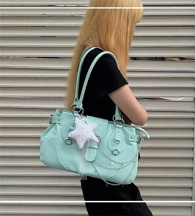 Hobo-Handtasche, Damen Motorrad-Biker-Stil Arbeitstasche, Y2k Mädchen Edgy Vintage Chic Mintgrüne Satteltasche – Detail 8