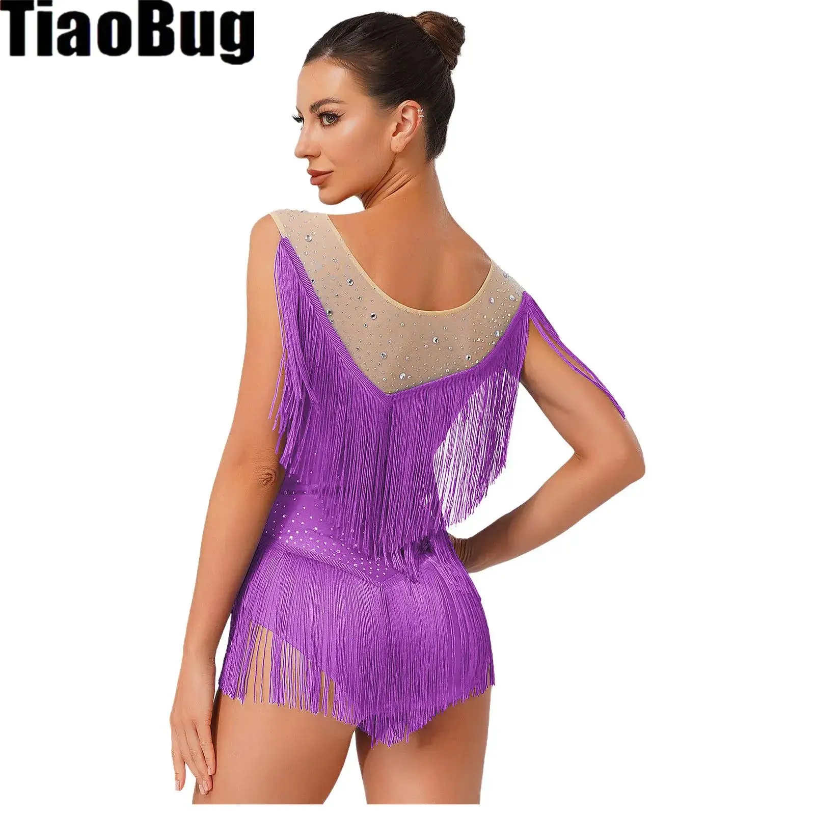 

Women Latin Dance Leotard Rhinestone Tassel Gymnastic Bodysuit Crew Neck Sleeveless One Piece Chacha Rumba Samba Tango Dancewear
