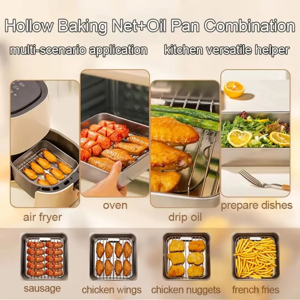 

Stainless Steel Roasting Pan Set Non-stick Food-Grade Air Fryer Grilling Rack Mesh Basket Heat-resistant Baking Tray