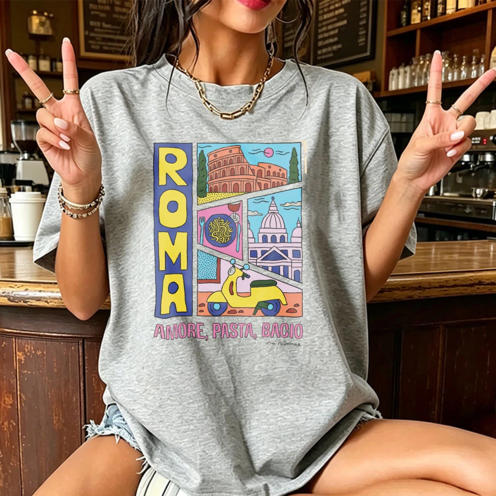 Trendy Roma Amore Pasta Bacio Graphic Tee Funny Colosseum Italian Iconic Travel Souvenir Unisex Tops Fashion Harajuku Streetwear