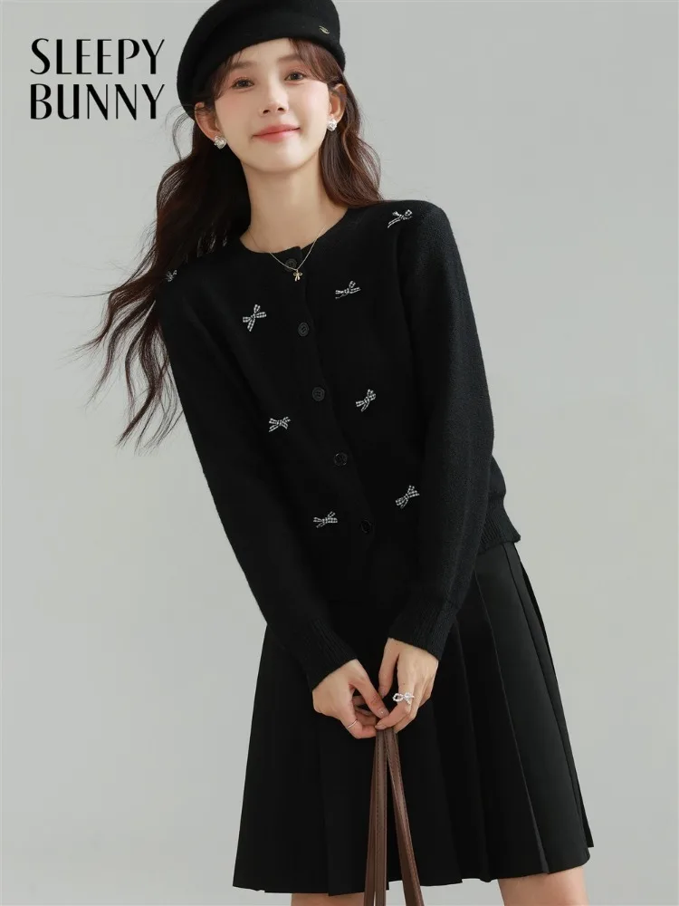 

Cute Bow Knit Cardigan for Women Sweet Embroidered Sweater Lady Cozy Loose Long-Sleeve Round-Neck Top for Autumn Winter Outfits