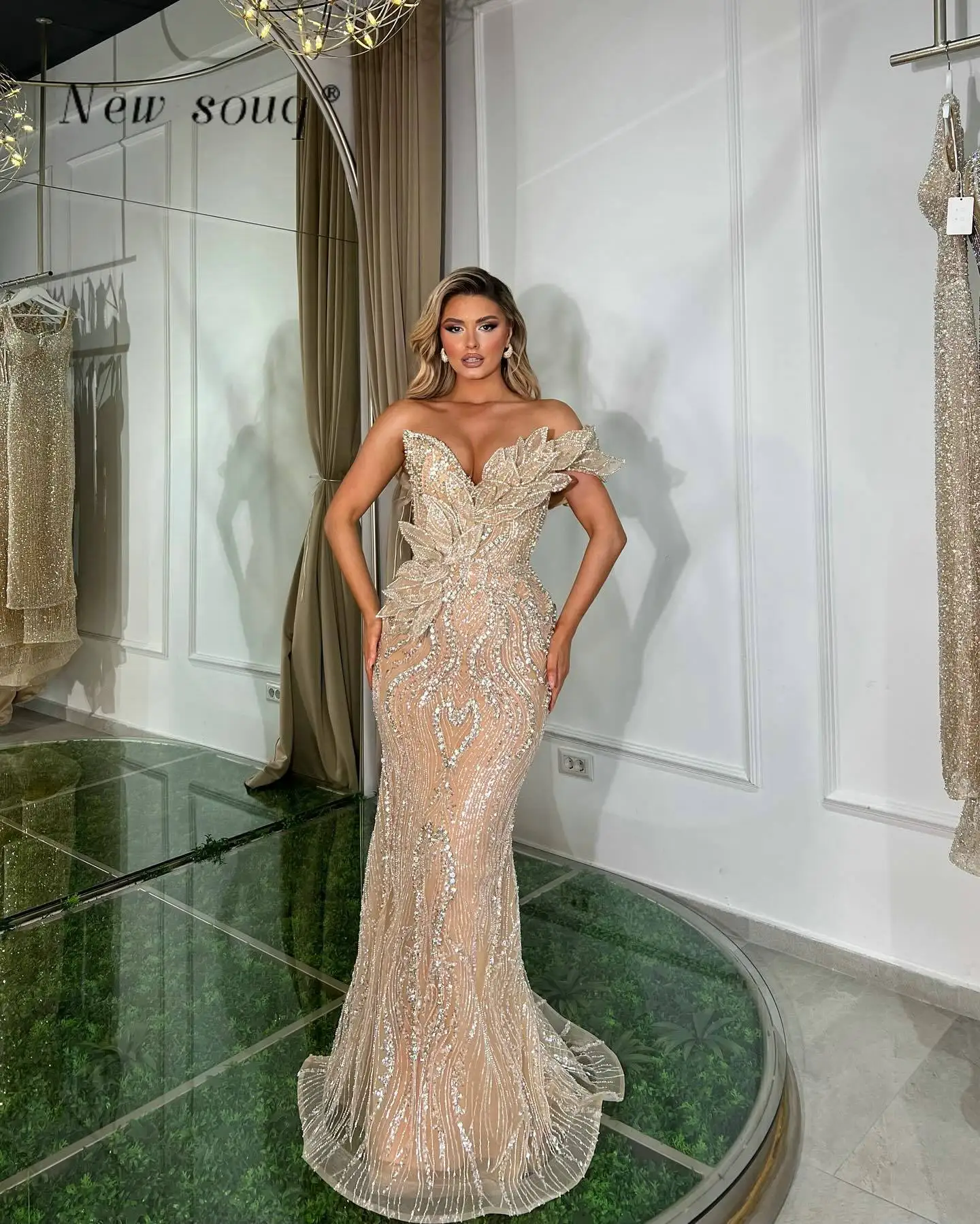 Modern Fashion Arabic Nude Champagne Mermaid Long Evening Dresses Sparkly Beaded Sequins Maxi Party Gowns for Women Wedding Wear