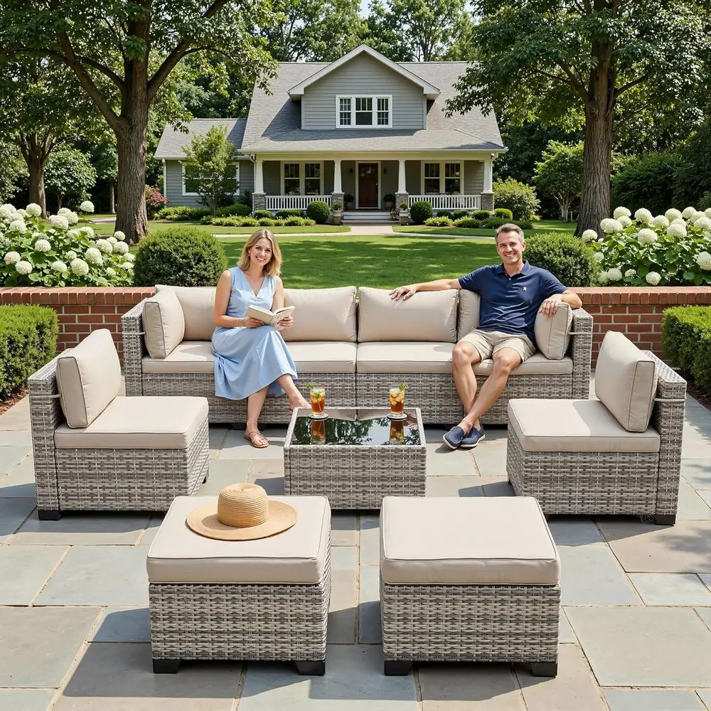 9-Piece Outdoor Patio Furniture Set with Ottomans, Weather-Resistant Wicker Rattan, Suitable for Backyard, Deck, and Garden in S