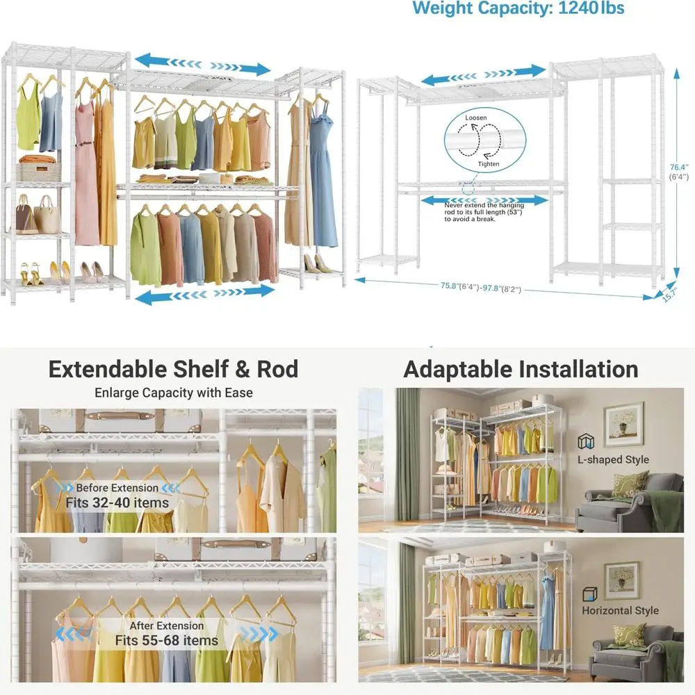

Регулируемая большая стойка для шкафа с выдвижными полками и стержнями для вешалок, обеспечивает максимальное место для хранения вещей от 6 до 4 футов 2 дюйма.