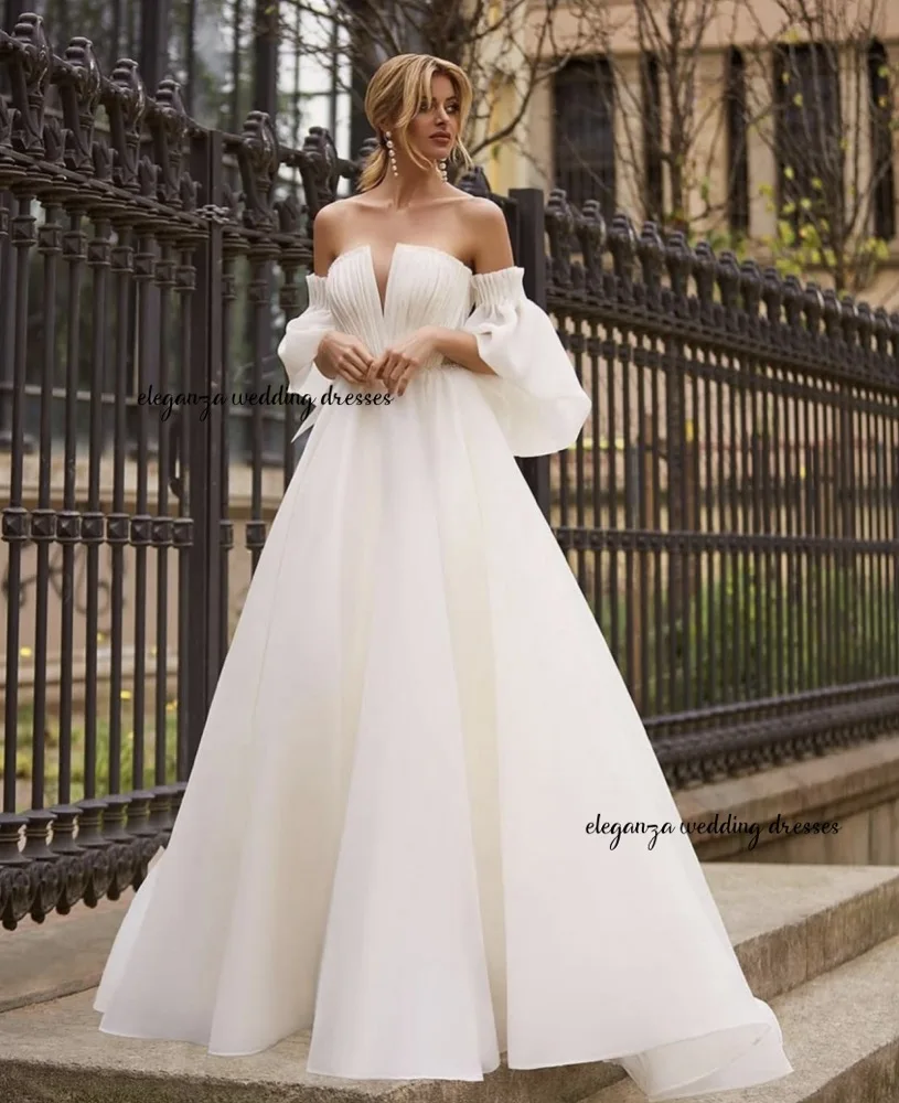 Customized Strapless Ruched Neck Organza Wedding Dresses With Removeable Sleeves A-line Bridal Dress Floor Length Bridal Gown