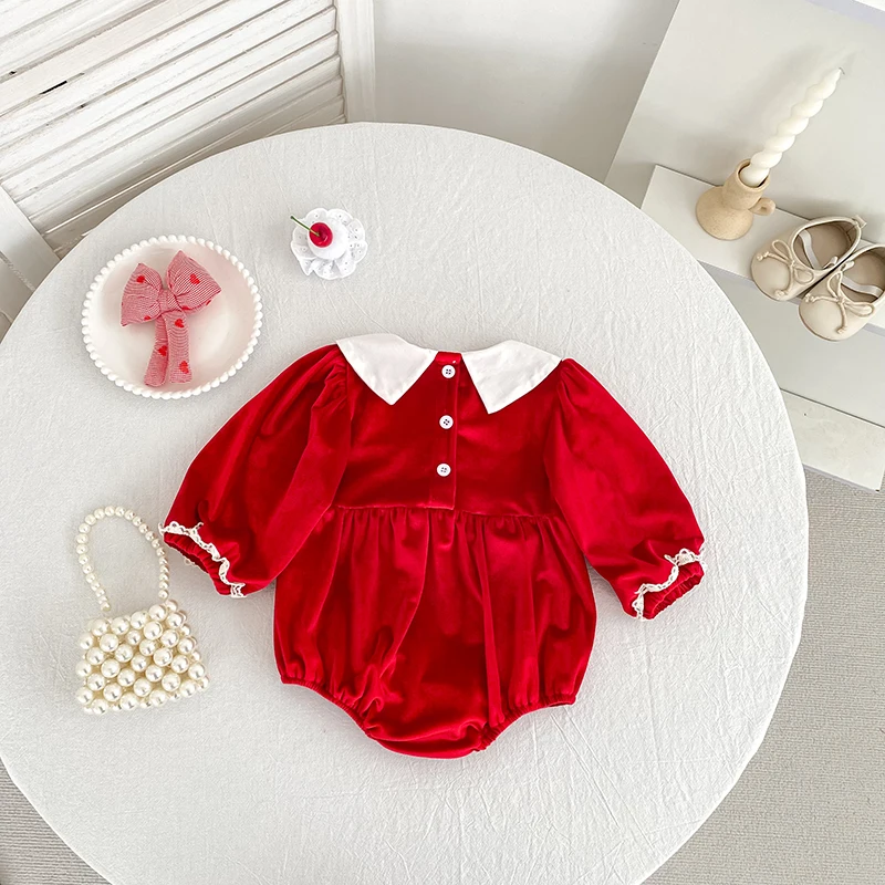 Baby Mädchen Roter Samt-Body mit Schleife Langarm Neugeborenen Party Geburtstags-Outfit Herbst Weihnachten Süßer Baby-Strampler 0-24M – Detail 14