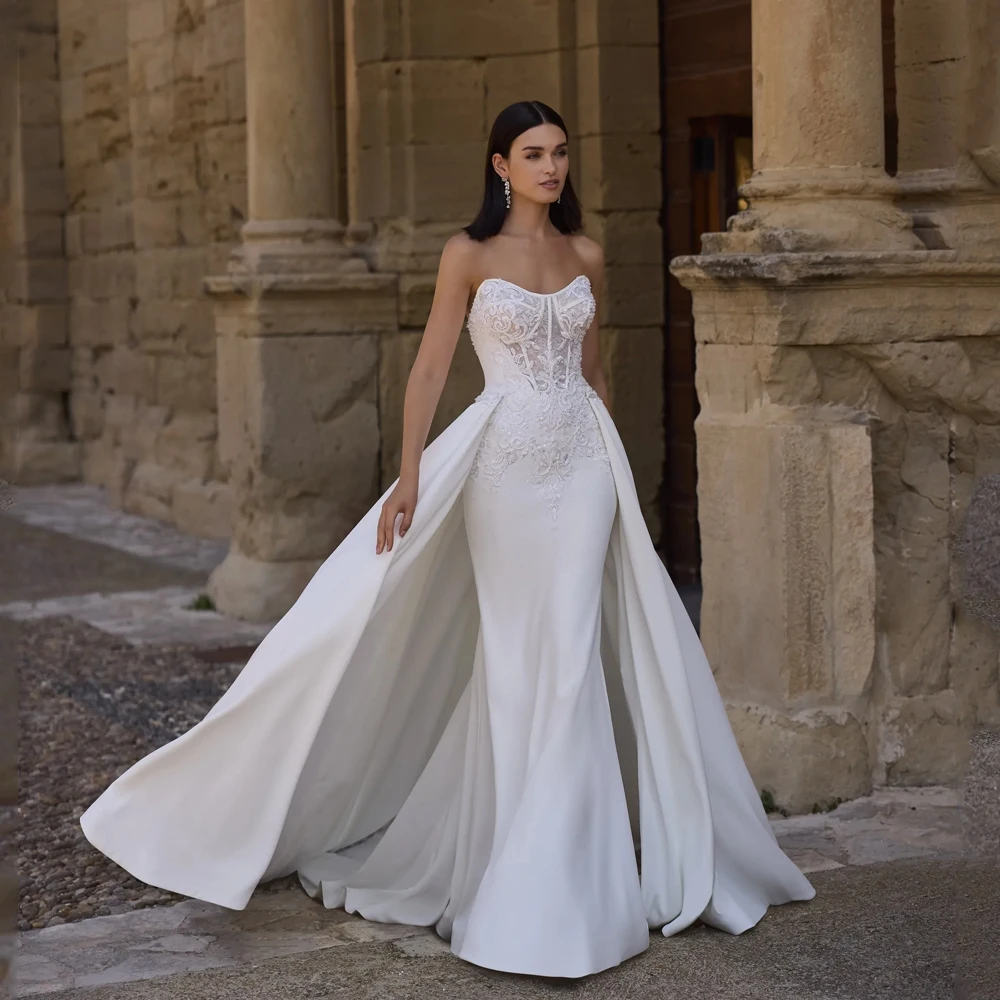 

Satin Wedding Dresses 2025 Luxury Applique Mermaid Beading Princess Beach Wedding Dress Robe Chic Bridal Gown Women Customized