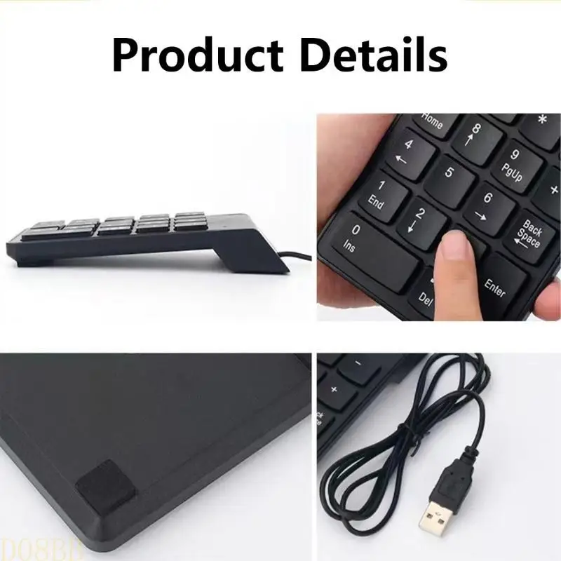 D08B USB Corded Keyboard Numeric Keypad For Fast Accurate Typing For Laptop PC Desktop Notebook for Programmers And Gamers