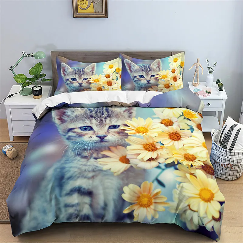 Imagem -05 - Cat Print Capa de Edredão Floral Bedding Conjunto Twin Completo para Crianças Meninas Meninos Room Decor Microfibra de Luxo Engraçado Animal Quilt Cover 3d