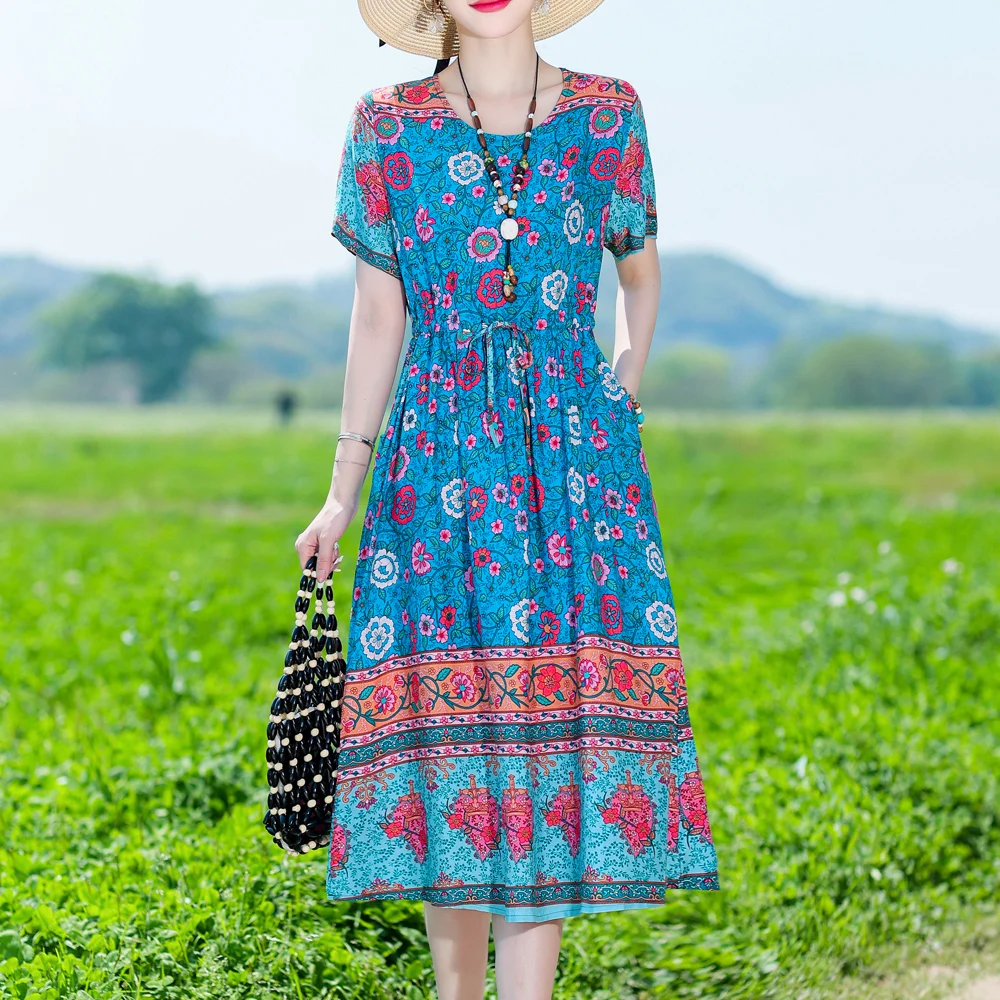 

New Casual O-neck Dresses Party Beach Dress FashionPrint Vintage Female Short Sleeve 2023 Summer Plus Size