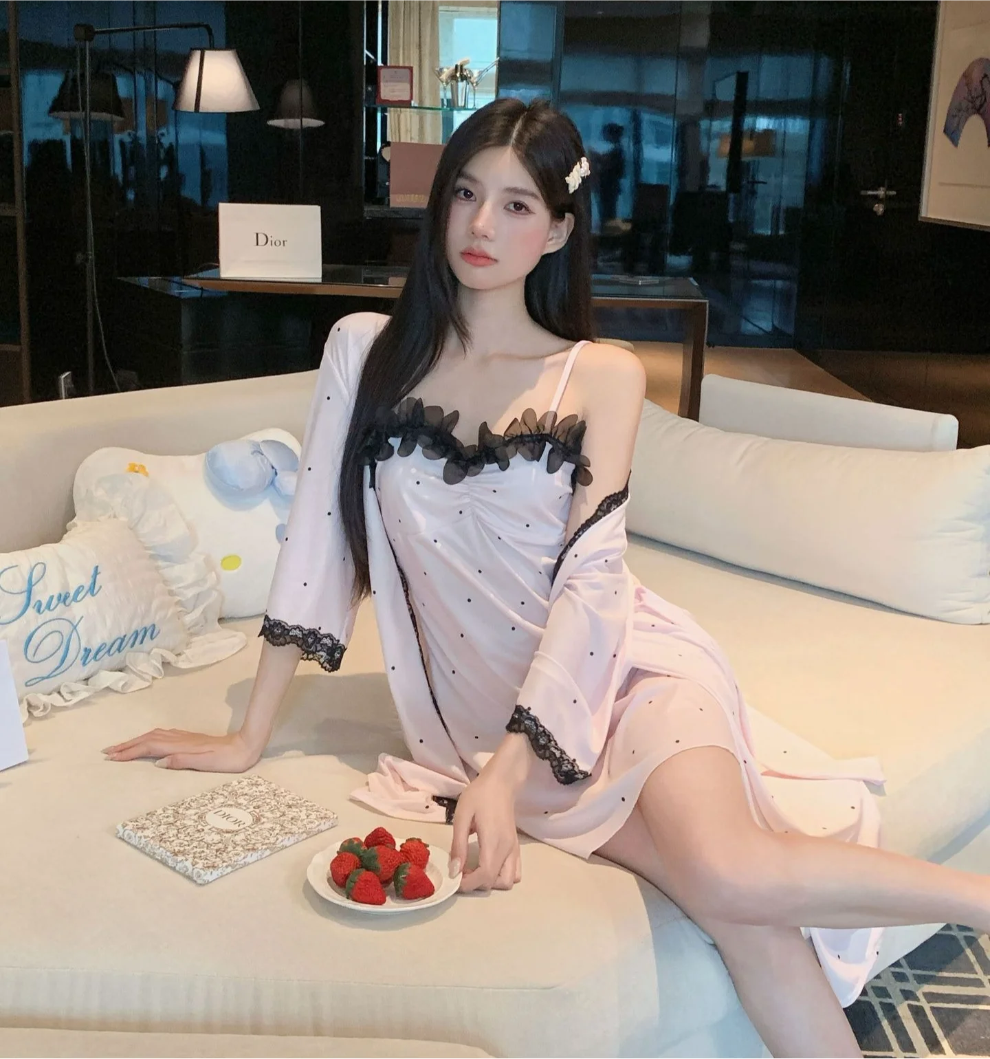 New Wave Dot 3D Flower Spring and Summer Pure Desire Ice Silk Strap Sleeping Skirt Women's Wave Dot Pajama Home Clothes