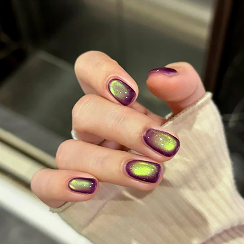 Faux ongles courts pour femmes et filles, effet yeux de chat brillant, jaune vert, forme carrée, couverture complète, pose facile, ensemble d'ongles artificiels.