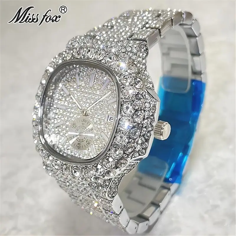 2024 MISSFOX Luxury Watch For Men Fashion Iced Out Jewelry Quartz Wristwatch Hip Hop Diamond Bling AAA Watch Male Reloj Hot Sell