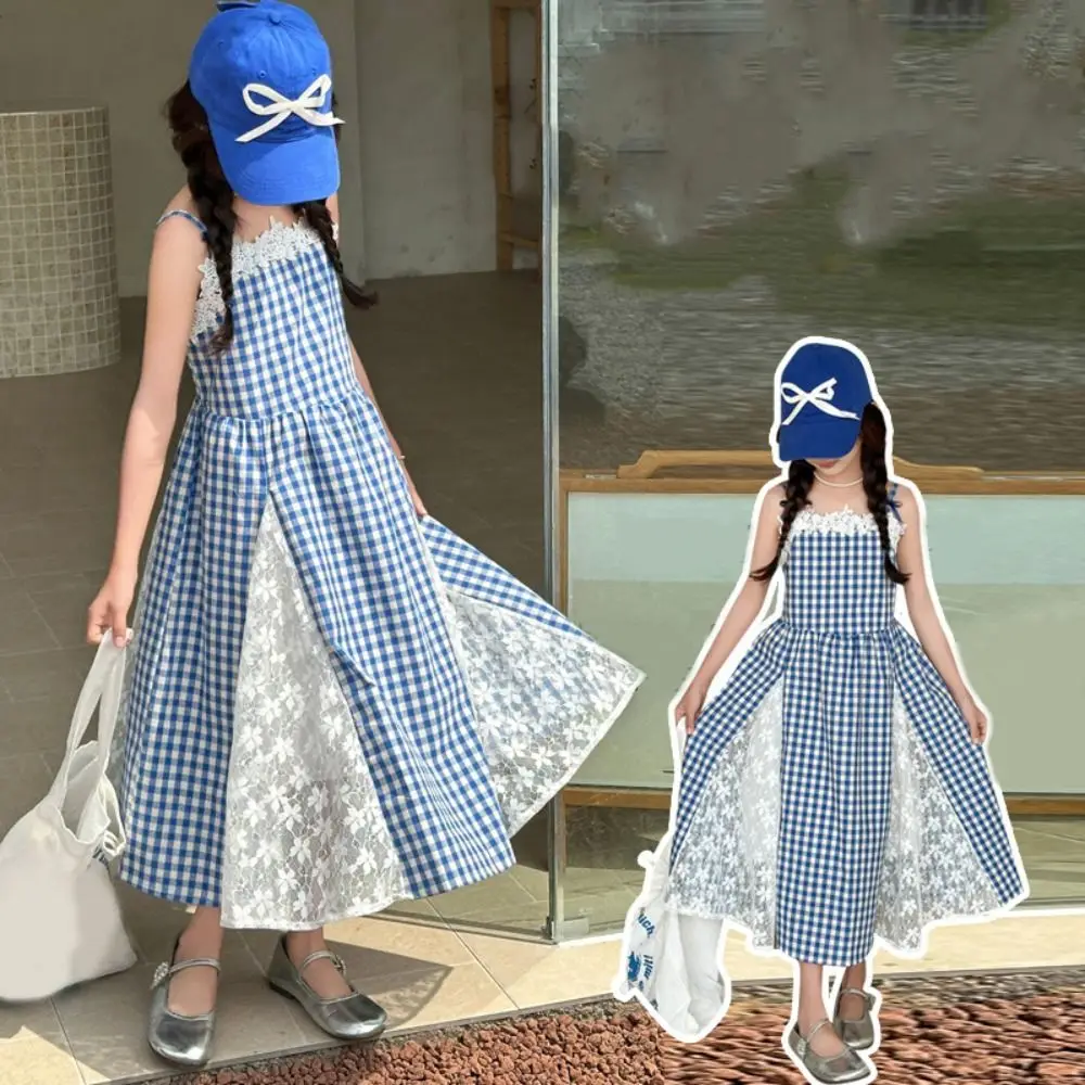 Elegant Plaid Girl Princess Dress Lace Mesh Sweet Teens Sling Dress Loose Skirt Children Sleeveless Dresses Party