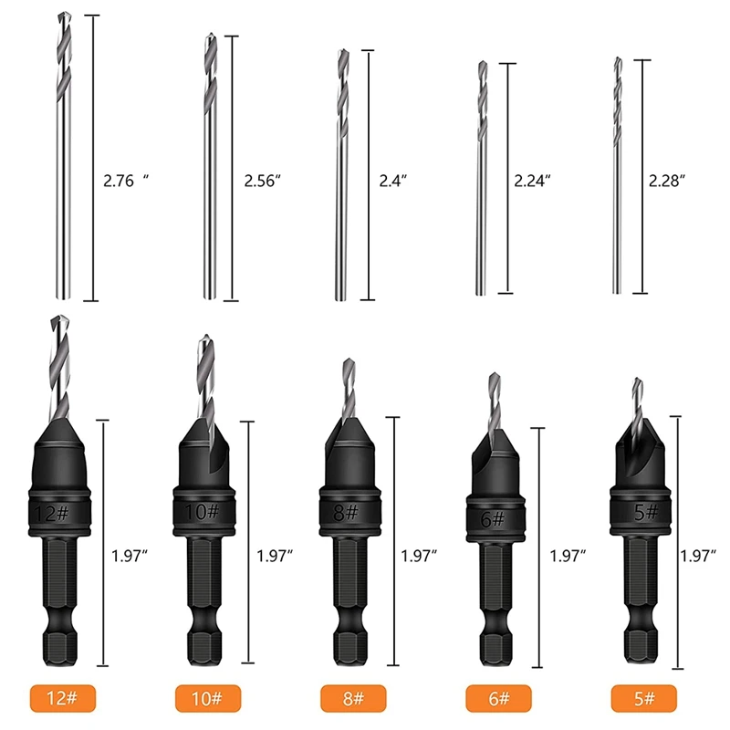 5-Piece Set Of 3/8-Inch Quick-Change 82° Chamfer Adjustable Drill Bits,HSS Wood Drill Bits Sink Hole Drilling Tool Kit