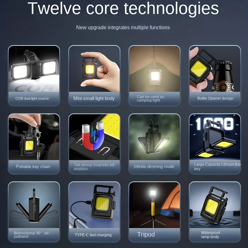 Portable 3-Head COB Mini Camping Lamp Multifunctional Keychain Light Type-C Work Lights Outdoor Flashlight