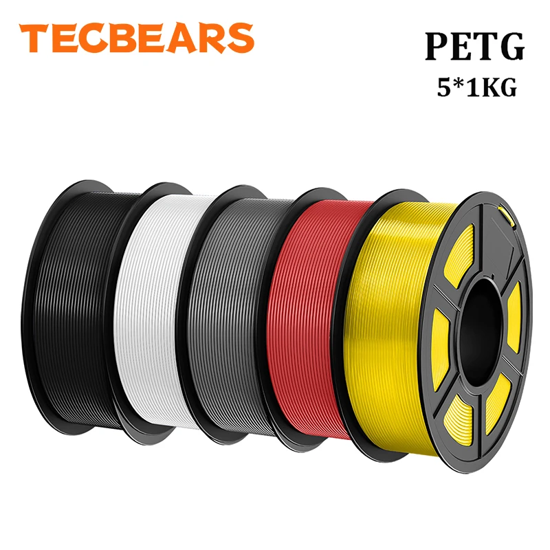 TECBEARS PETG 3D-Drucker Filament 1,75mm 5 Rollen 5KG Mehrfarbig PETG Vakuumverpackung 100% Blasenfrei für FDM DIY Geschenkmaterial