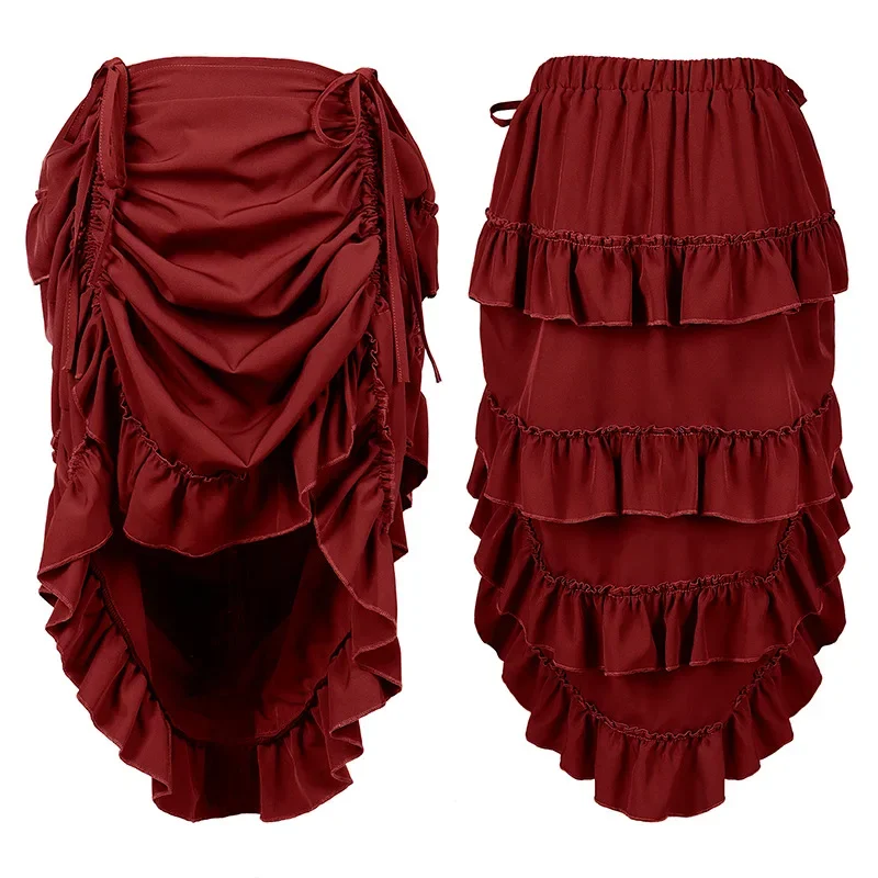2026 New Retro Women Drawstring High Low Skirt Victorian Steampunk Ruffles Irregular Skirts Renaissance Gothic Medieval Costume