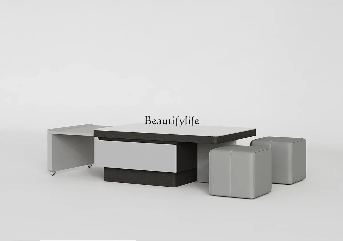 

ls 04Modern simple microcrystalline stone square coffee table small apartment telescopic coffee table with stool