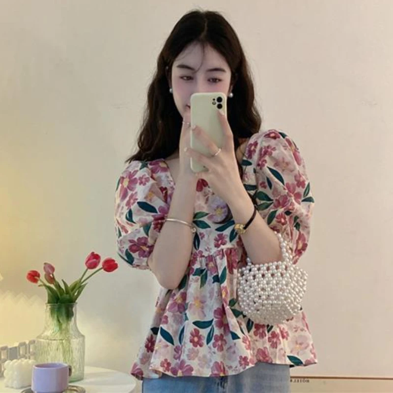 Vintage Printed Blouses Women Loose French Style Sweet Short-sleeve All-match Square Collar Streetwear Fashion Summer Aesthetic