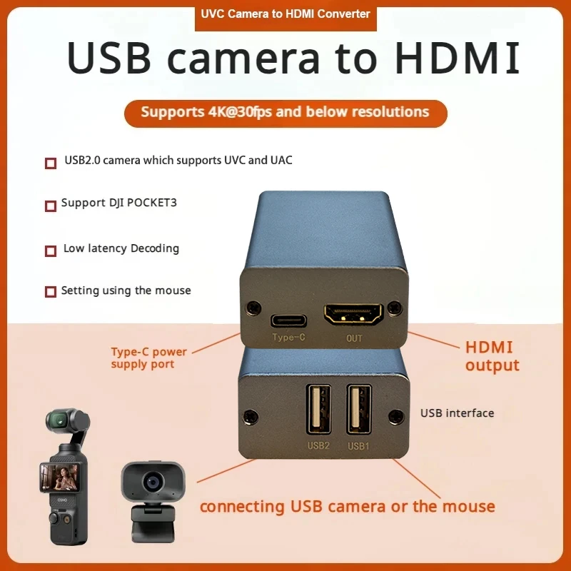 UVC USB Camera To HDMI Video Converter for Pocket3/4 To Live Streaming Station / TV Monitor Screen Casting / Video Capture Card