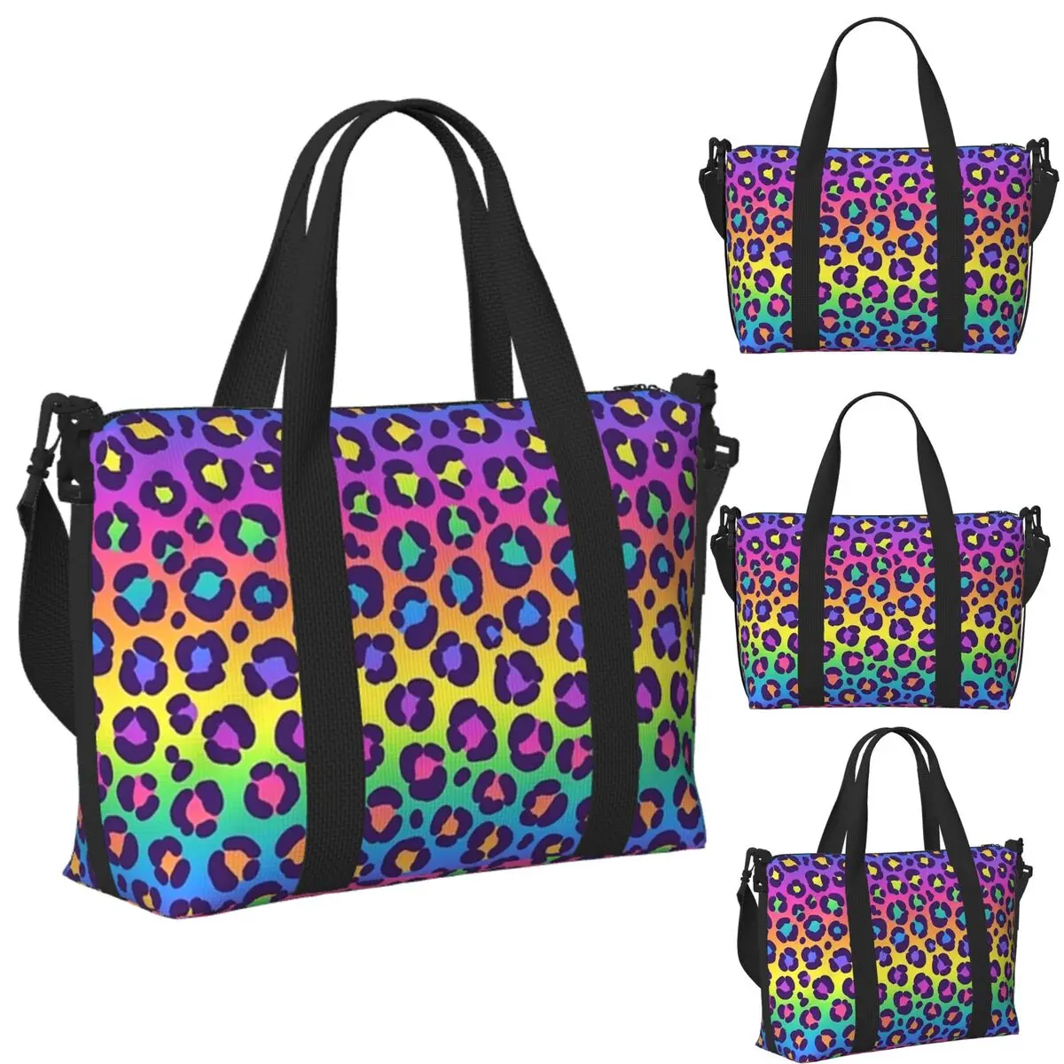 

Custom Rainbow Leopard Graphic Beach Travel Bag Large Capacity Tote Bags for Gym Yoga Women Shopping Duffle Shoulder Bag